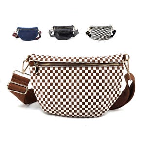 May include: A brown and white checkered fanny pack with a gold-tone zipper closure and a wide brown adjustable strap. Three additional fanny packs are displayed above in blue, black, and a black and white checkered pattern with striped straps.