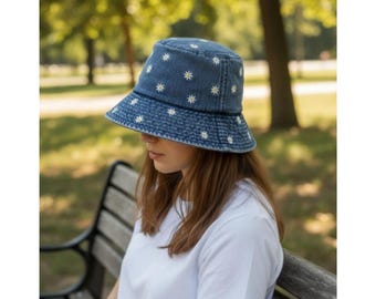 Women's Flower Embroidered Washed Denim Bucket Hat