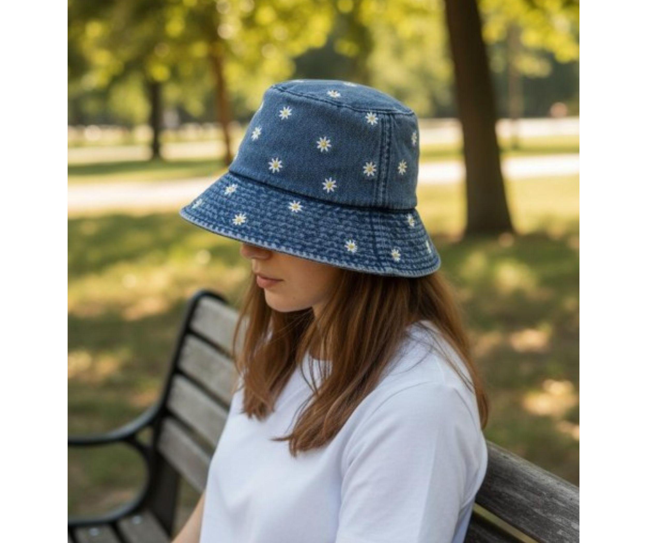 Upcycled Washed Grey Deconstructed Denim Floral Bucket Hat OS Unique Rugged Denim Upcycled Bucket Hat With Flower Paisley  main image 4