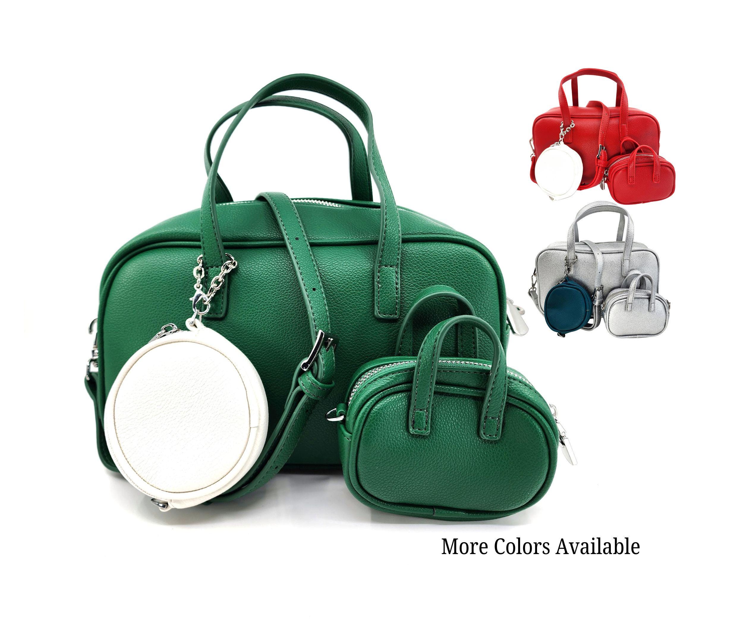 Women's Double Handle Leather Satchel Crossbody Bag with Two Mini Pouches