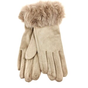 May include: A pair of beige suede gloves with a faux fur cuff. The gloves are soft and warm, perfect for cold weather.