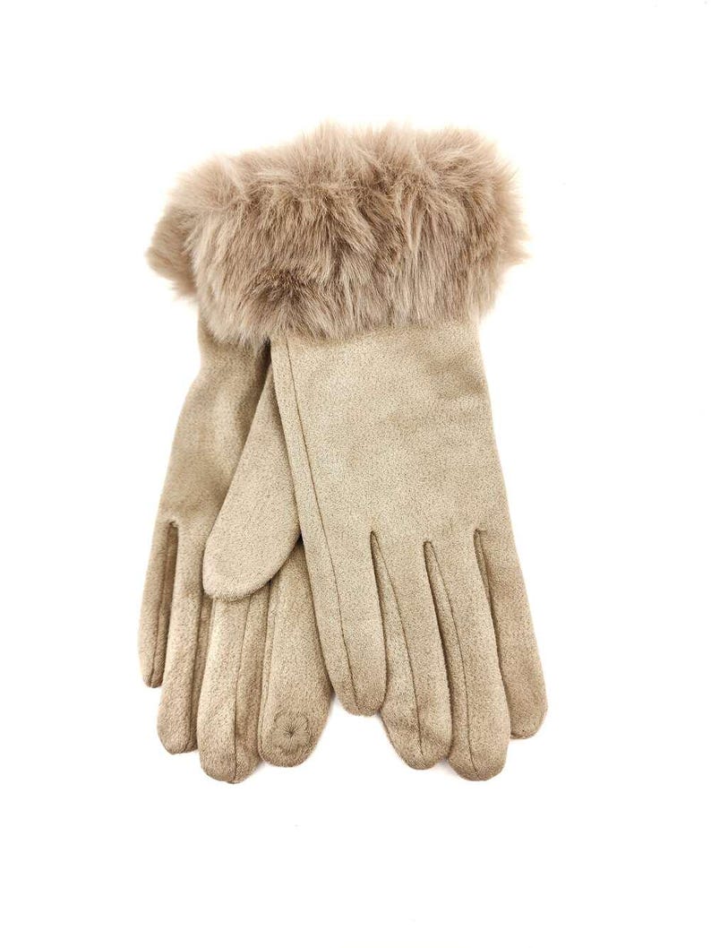 May include: A pair of beige suede gloves with a faux fur cuff. The gloves are soft and warm, perfect for cold weather.