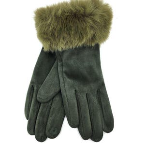 May include: A pair of green suede gloves with a faux fur cuff. The gloves are fingerless and have a textured surface.