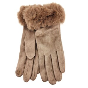 May include: A pair of brown suede gloves with a faux fur cuff. The gloves are folded together and the fur cuff is visible.