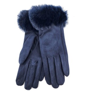 May include: A pair of navy blue gloves with a faux fur cuff. The gloves are made of a soft, suede-like material.