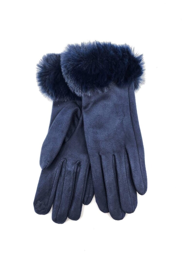 May include: A pair of navy blue gloves with a faux fur cuff. The gloves are made of a soft, suede-like material.