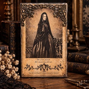 May include: A rectangular plaque featuring a sepia-toned portrait of a person in a black mourning veil and dress. The text reads: The years passed. Her mourning did not. The Black Ribbon Correspondence Society. Ornate metal corner accents.