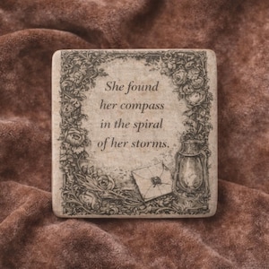 Könnte beinhalten: Eine quadratische, cremefarbene dekorative Fliese mit floralem Rand und dem Zitat: „Sie fand ihren Kompass in der Spirale ihrer Stürme.“ Die Fliese zeigt Illustrationen einer Laterne, eines Umschlags und Blumen. Der Hintergrund ist ein strukturierter, brauner Stoff.