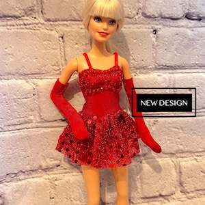 Handmade Red Glittery Dress for Dolls with Gloves Inspired by Popstar iconic concert look