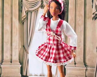 Handmade Victorian Doll Costume, Red Gingham Dress, Outfit