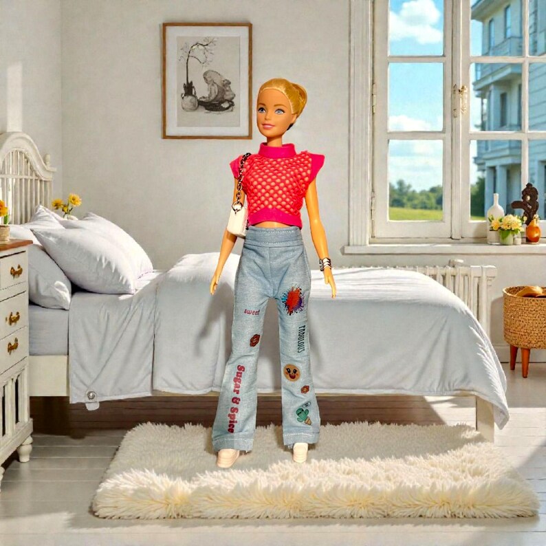 Conjuntos hechos a mano para muñecas, conjunto para muñeca fashionista, top de red y jeans imagen 2