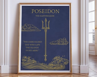 Póster de Poseidón / Arte mural de la mitología griega / Lámina de la Odisea de la Antigua Grecia / Decoración estilo Dark Academia / Regalo para amantes de los libros