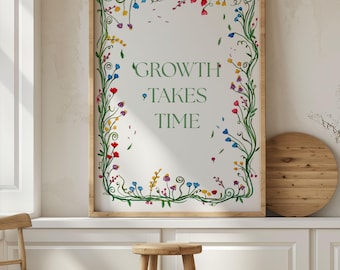 El crecimiento lleva tiempo. Estampado floral, decoración para consultorio de terapeuta.