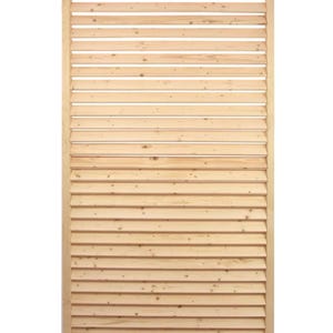 May include: A natural wood louvered panel with a horizontal slat design. The panel is made of light wood and has a rustic appearance.