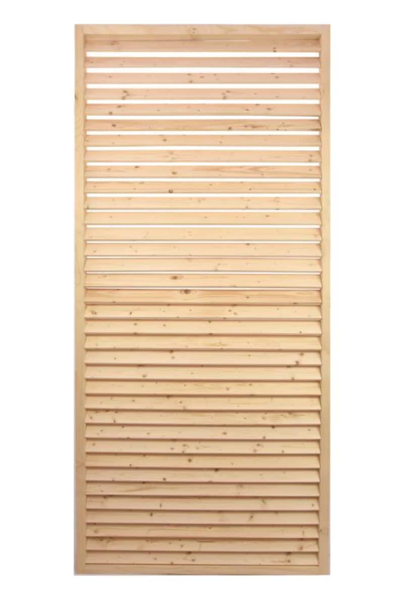 May include: A natural wood louvered panel with a horizontal slat design. The panel is made of light wood and has a rustic appearance.