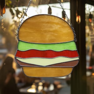 Hamburger sun catcher, Stained glass decor, Suncatcher, Window decorations, Party décor, Summer décor, Food lover gift, Grandpa gift, Glass