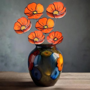 Set of 6 Stained Glass California Poppies, Handmade Floral, Home Decor, Vibrant Orange poppies, Stained glass art, Gift ideas, Gardener gift