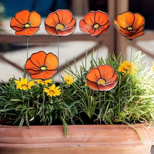 Stained glass flowers set of 6, Stained glass poppy, Stained glass gifts, Housewarming gift, Boho stained glass, Pot décor, Plant lover gift