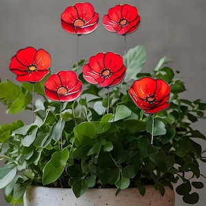 Handmade stained glass flowers set of 6, Orange poppy, Red poppy gift, Home decor, Birthday gift, Poppy flower, Fairy garden, Garden art