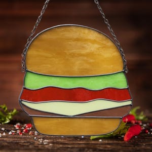 Burger sign, Stained glass suncatcher, Window decorations, Gift for dad, Burger wall art, Burger lover gift, Restaurant design, Cheeseburger
