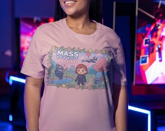 Camiseta inspirada en Mass Effect: cómoda camiseta unisex con estampado de estilo gamer y temática de ciencia ficción.