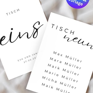 Tischnummern & Sitzplan Hochzeit, Canva Vorlage, Modernes, minimalistisches Design, Schwarz-Weiß, Tischordnung, Hochzeitsdeko zum Ausdrucken