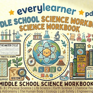 May include: A vibrant science workbook for middle school pupils. The cover displays illustrations of science tools, a globe, and the text "Middle School Science Workbook." Topics include physics, biology, and earth science.