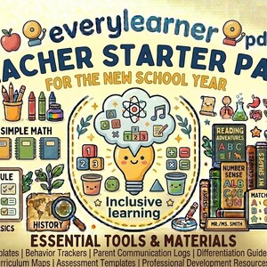 May include: A digital graphic titled everylearner Teacher Starter Pack for the New School Year. It features colorful illustrations of school supplies, science icons, books, and a central lightbulb character labeled Inclusive learning.