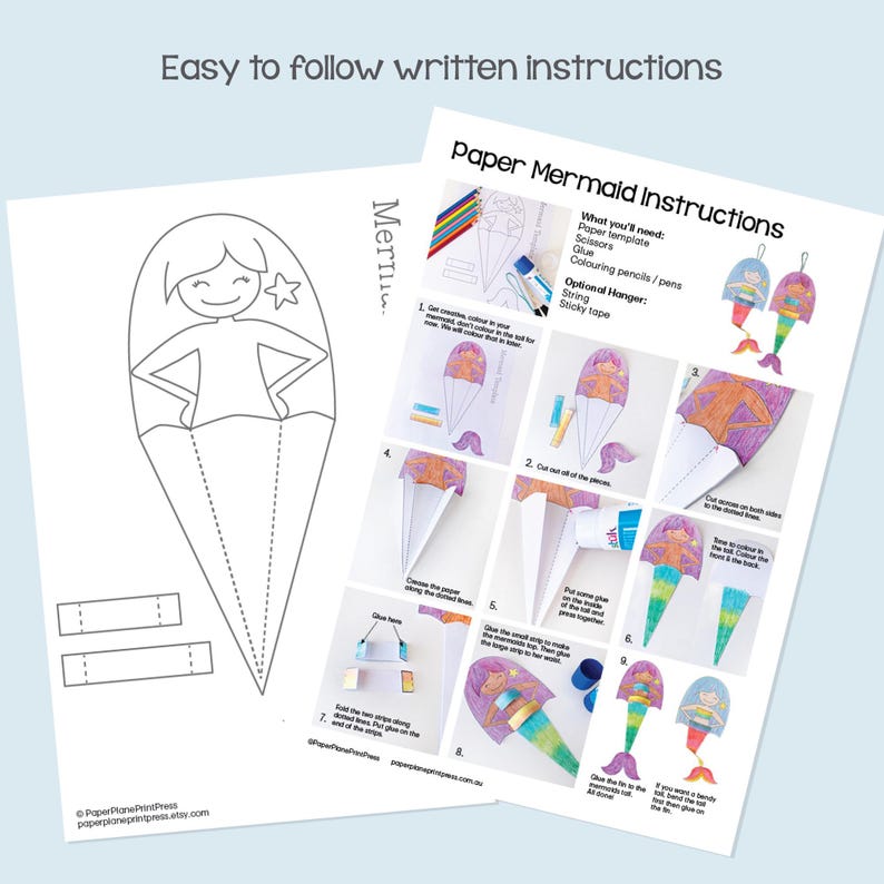 Mermaid Paper Craft Printable, Kids Cut and Paste Activity, Preschool ...