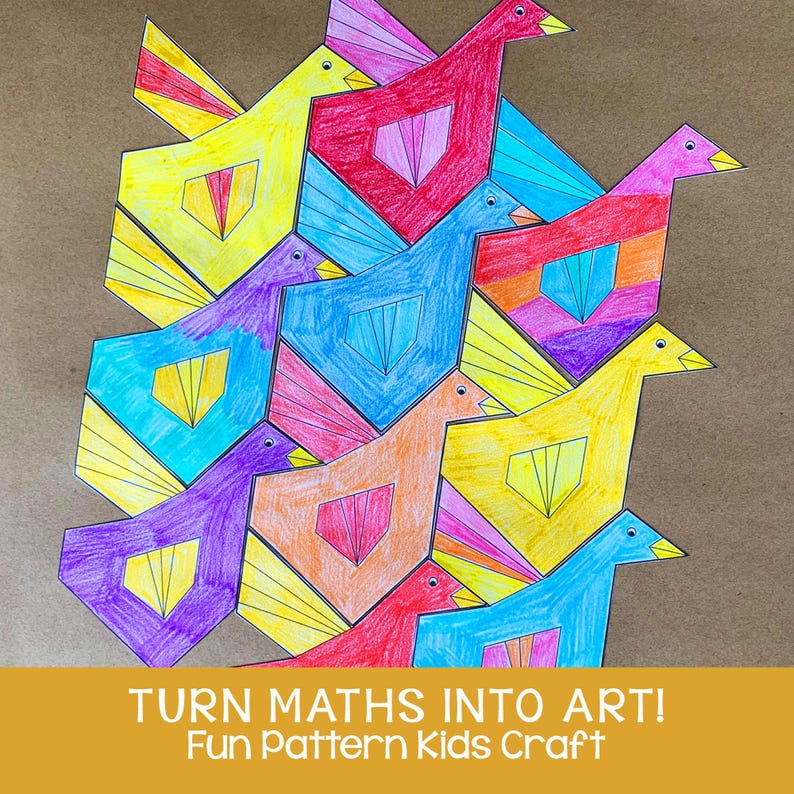 Może przedstawiać: Kolorowe geometryczne ptaki z tekstem "TURN MATHS INTO ART! Fun Pattern Kids Craft". Grafika przedstawia ptaki w r&oacute;żnych kolorach, w tym ż&oacute;łtym, czerwonym, niebieskim, pomarańczowym i fioletowym, ułożone w powtarzalny wz&oacute;r.