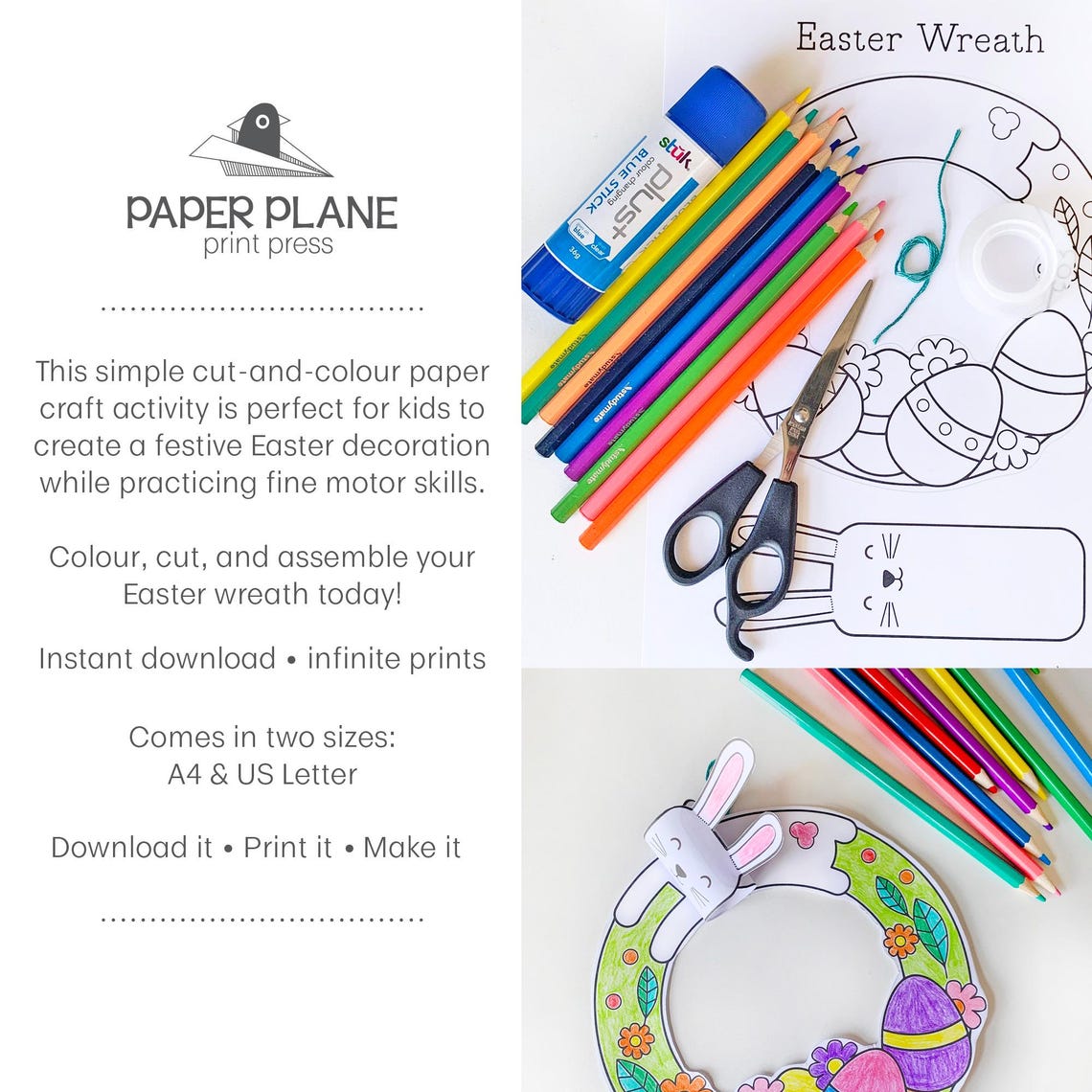Easter Wreath Paper Printable | Bunny Coloring, Cutting, Assembly Craft ...