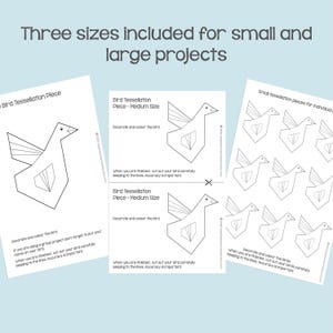 Może przedstawiać: Trzy arkusze papieru z elementami tessellacji ptak&oacute;w w r&oacute;żnych rozmiarach. Tekst brzmi: "Trzy rozmiary w zestawie dla małych i dużych projekt&oacute;w". Zawiera instrukcje dekorowania, kolorowania i starannego wycinania ptak&oacute;w.