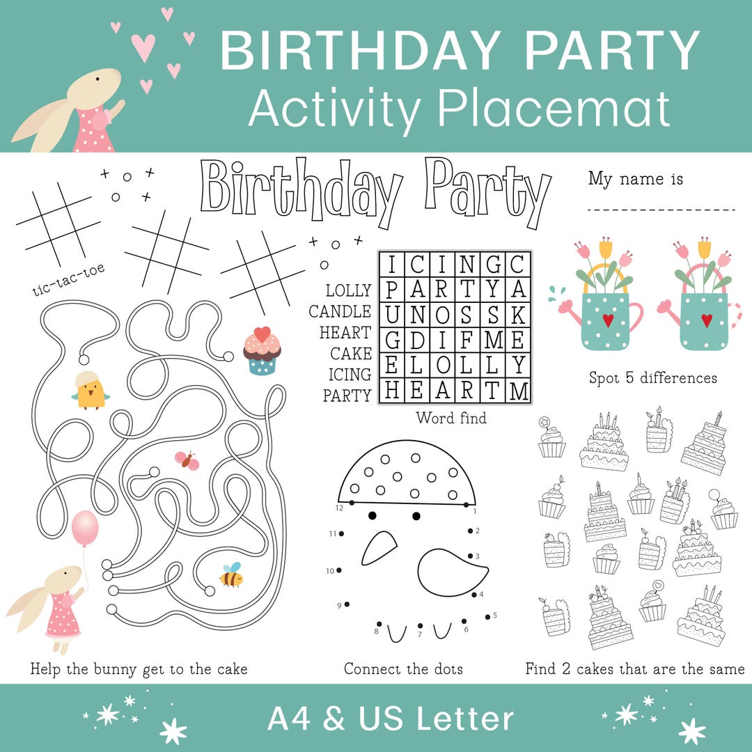 Kids Birthday Party Activity Placemat: Printable Games (digital ...