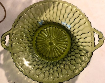 Indiana Glass vintage avocado or olive green honeycomb serving dish