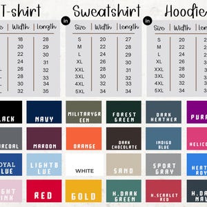 a collection of T-shirt and sweatshirt designs, each with a different color and size. The designs include various colors such as black, navy, green, purple, charcoal, maroon, orange, indigo blue, helicolor, light blue, white, sand, sport gray, and navy. The sizes range from S to M, with each size corresponding to a specific color. The image is a collage of these designs, showcasing a variety of styles and color options for customers to choose from.