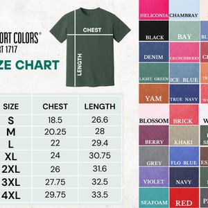 The image is a size chart for a green t-shirt, showing the measurements for different sizes, including S, M, L, XL, 3XL, and 4XL. The chart also includes a color chart with various colors and their corresponding names, such as black, bay, helicolor, chambry, ivory, black, blue jean, berry, khaki, blue spruce, grey, flo blue, espresso, violet, navy, moss, pepper, and watermelon.