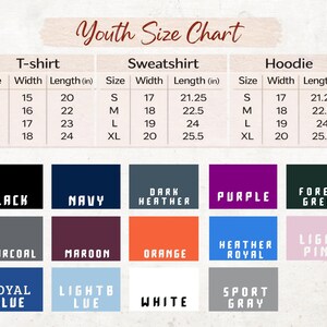 The image is a youth size chart that provides the measurements and corresponding colors for different types of clothing, such as T-shirts, sweatshirts, hoodies, and T-shirts.