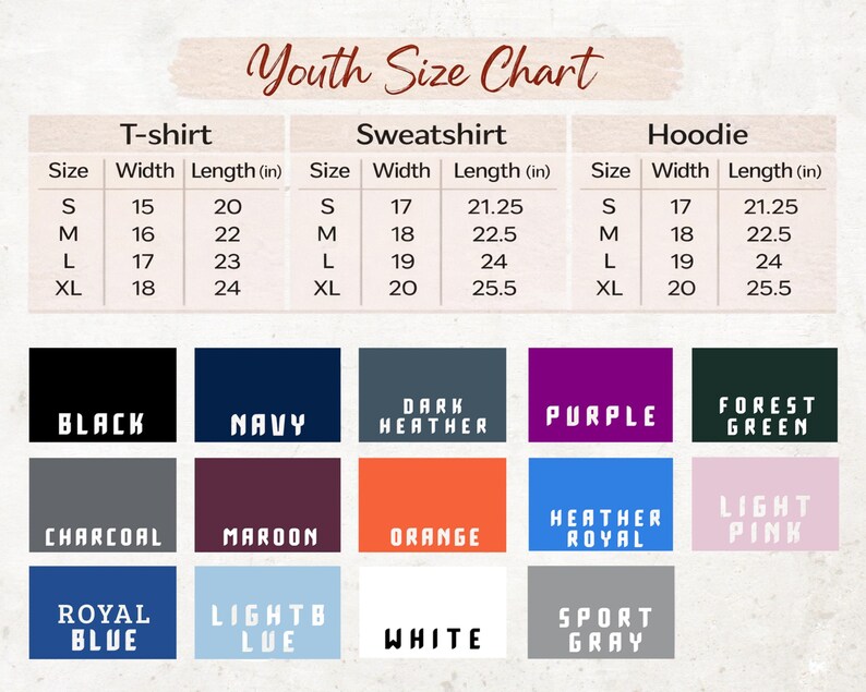 The image is a youth size chart that provides the measurements and corresponding colors for different types of clothing, such as T-shirts, sweatshirts, hoodies, and T-shirts.