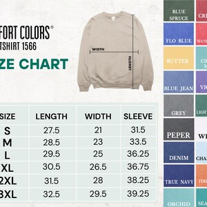 The image is a size chart for a grey sweatshirt, showing the measurements for different sizes. The chart includes a table with the size and corresponding measurements, and a list of color options for the sweatshirt.