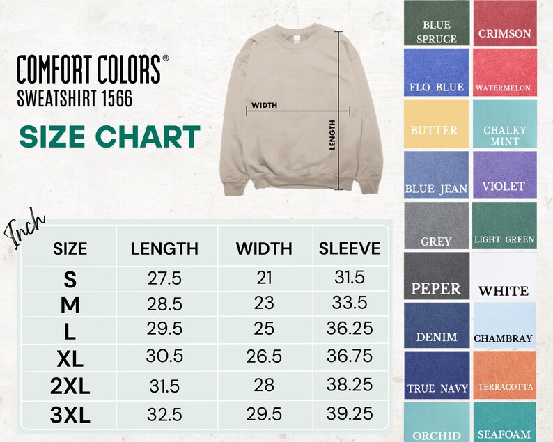 The image is a size chart for a grey sweatshirt, showing the measurements for different sizes. The chart includes a table with the size and corresponding measurements, and a list of color options for the sweatshirt.