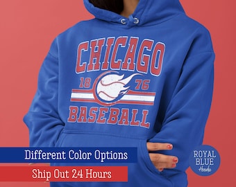Retro Chicago Baseball Hoodie, Chicago Game Day Sweatshirt, Trendy Chicago Baseball Fan Gifts, Chicago Vintage 80s Style, Royal Blue And Red