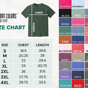 The image is a size chart for a green t-shirt, showing the measurements for different sizes, including S, M, L, XL, 3XL, and 4XL. The chart also includes a color chart with various colors and their corresponding names, such as black, bay, helicolor, chambry, ivory, black, blue jean, berry, khaki, blue spruce, grey, flo blue, espresso, violet, navy, moss, pepper, and watermelon.