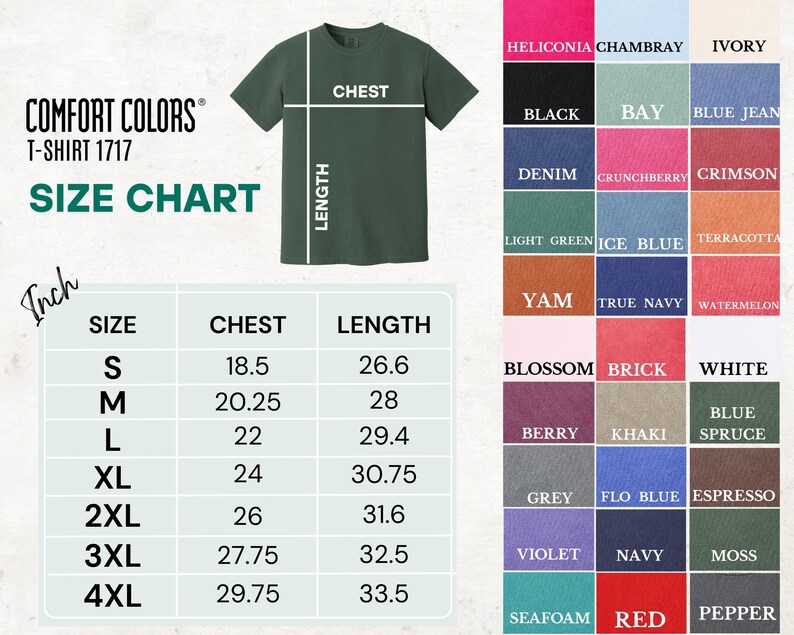 The image is a size chart for a green t-shirt, showing the measurements for different sizes, including S, M, L, XL, 3XL, and 4XL. The chart also includes a color chart with various colors and their corresponding names, such as black, bay, helicolor, chambry, ivory, black, blue jean, berry, khaki, blue spruce, grey, flo blue, espresso, violet, navy, moss, pepper, and watermelon.