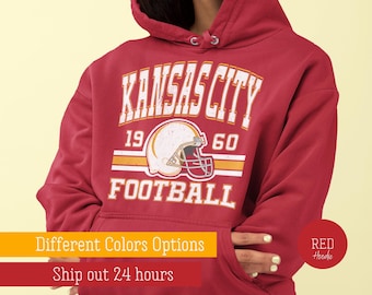 Retro Kansas City Football Hoodie, Kansas City Game Day Sweatshirt, Trendy Kansas City Football Fan Gift, Vintage 80s Style, Red and Gold