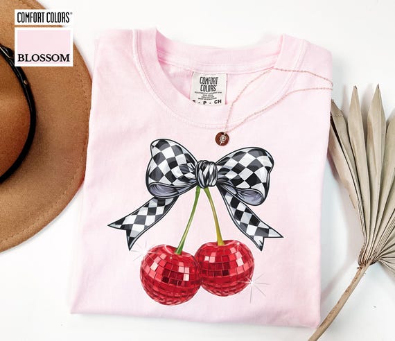 Comfort Colors Disco Cherry Shirt, Coquette Bow Tee, Checkered Retro Shirt, Retro Vintage 80s Style Cherry Tee, Trendy Summer Tee, Party Top