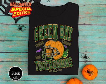 Green Bay Football Halloween Shirt, Pumpkin Helmet Game Day Tee, Funny Tricks Treats and Touchdowns T-Shirt, Vintage Green Bay Football Gift