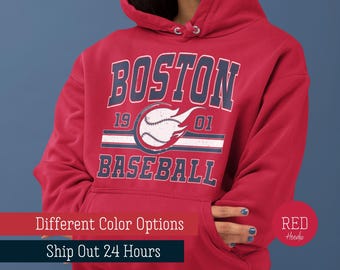 Retro Boston Baseball Hoodie, Boston Game Day Sweatshirt, Trendy Boston Baseball Gift For Him, Boston Vintage 80s Style, Red And Navy Hoodie