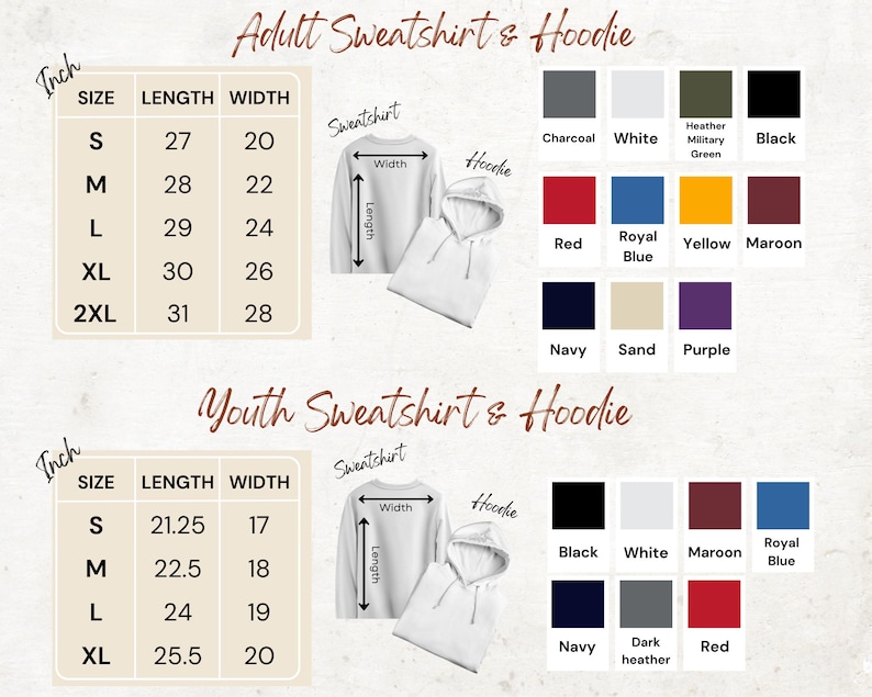 Unisex sweatshirt Color And Size Chart:
S, M, L, XL, 2XL

Youth Size Chart:
Youth: S, M, L, XL