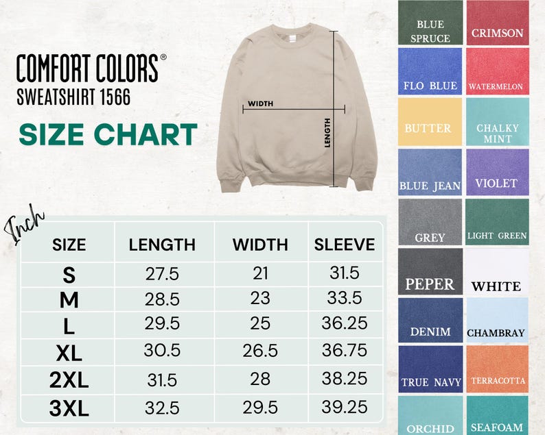 The image is a size chart for a grey sweatshirt, showing the measurements for different sizes. The chart includes a table with the size and corresponding measurements, and a list of color options for the sweatshirt.