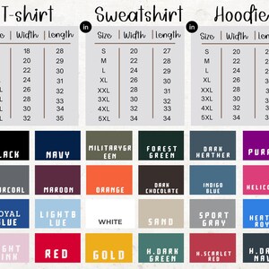 a collection of T-shirt and sweatshirt designs, each with a different color and size. The designs include various colors such as black, navy, green, purple, charcoal, maroon, orange, indigo blue, helicolor, light blue, white, sand, sport gray, and navy. The sizes range from S to M, with each size corresponding to a specific color. The image is a collage of these designs, showcasing a variety of styles and color options for customers to choose from.